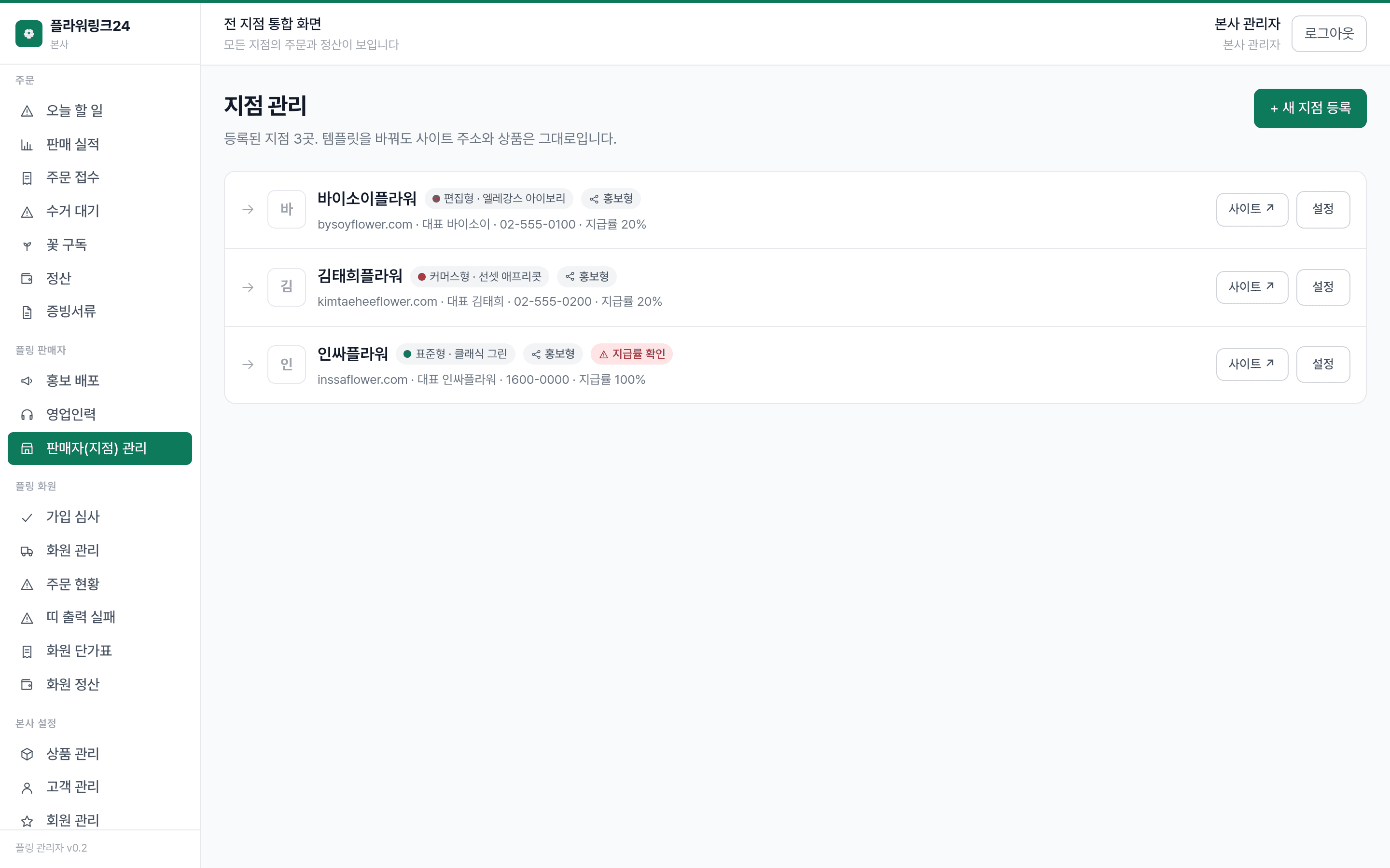 플라워링크24 관리자 — 지점(판매자) 사이트를 만들고 얼굴을 바꾼다