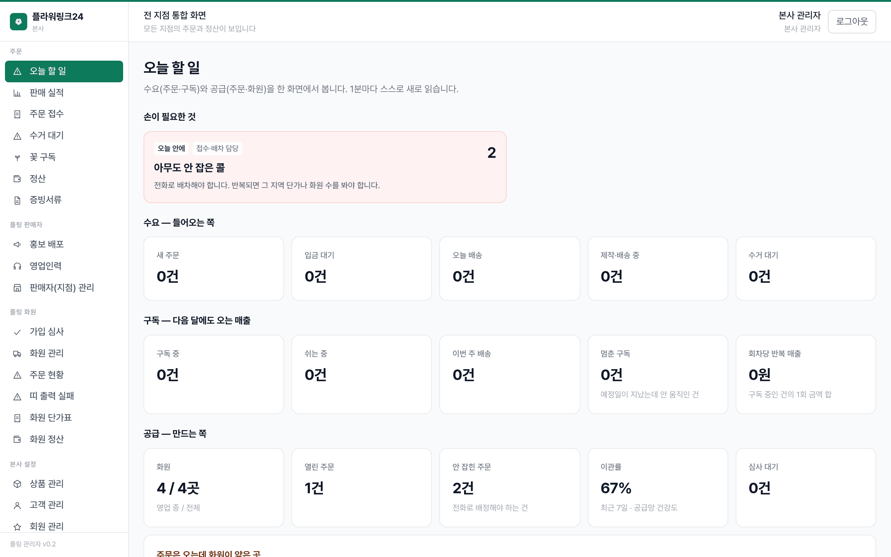 플라워링크24 관리자 — 오늘 손이 필요한 것만 먼저 본다