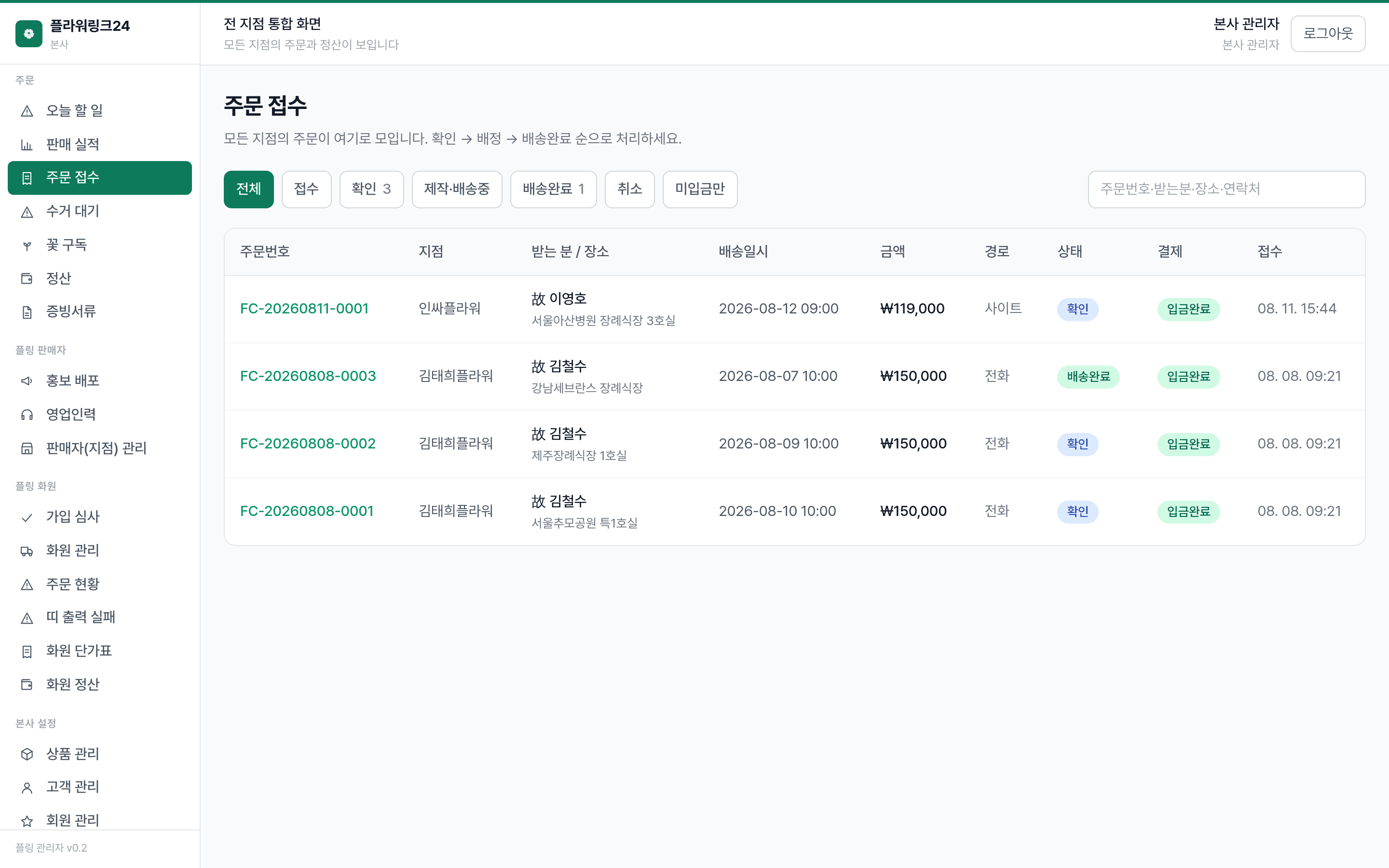 플라워링크24 관리자 — 전 지점 주문이 한 줄로 모인다