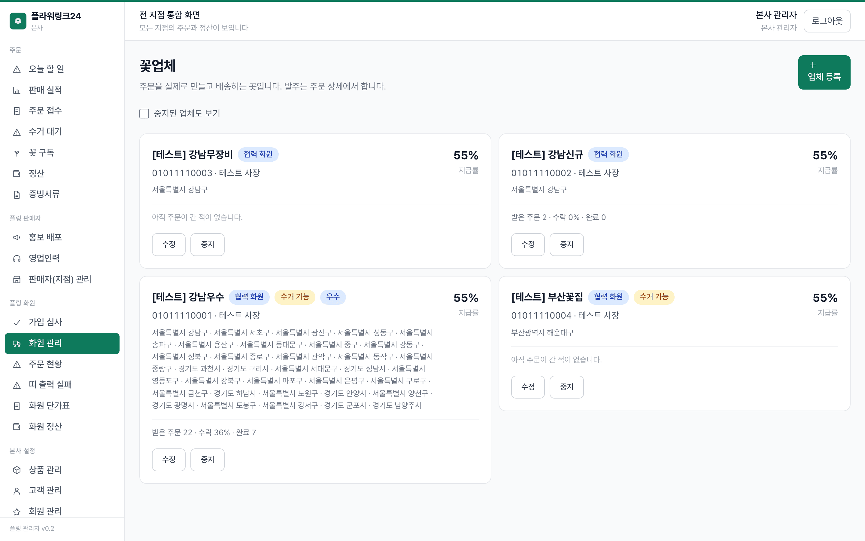 플라워링크24 관리자 — 전국 화원을 등급과 지역으로 관리한다